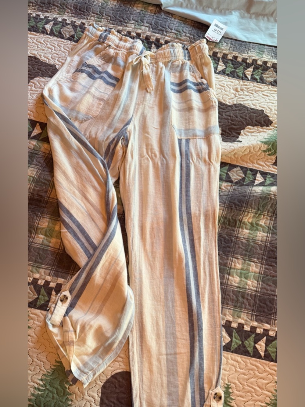 Lightweight Cream & Blue Striped Drawstring Pants